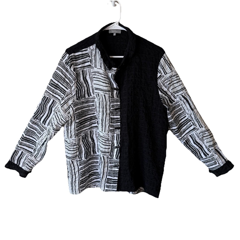 Habitat‎ Tunic Large Black White Pucker Weave Mix Print Lagenlook Coastal Artsy